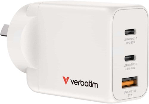 VERBATIM 3 Port 65 Watt Portable GaN charger, 2 x USB-C PD 65w, 1x USB-A QC 3.0, GNC-65A Compact Design Apple, Android, Samsung, Google