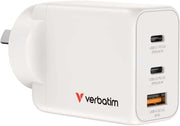 VERBATIM 3 Port 65 Watt Portable GaN charger, 2 x USB-C PD 65w, 1x USB-A QC 3.0, GNC-65A Compact Design Apple, Android, Samsung, Google