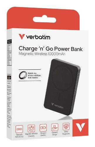 Verbatim Charge 'n' Go Essentials Magnetic Wireless Power Bank 10000 mAh Black