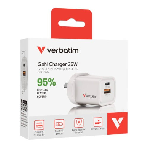 VERBATIM 2 Port 35 Watt Portable GaN charger, 1 x USB-C PD 35w, 1x USB-A QC 3.0, Compact Design Apple, Android, Samsung, Google, Huawei, Oppo