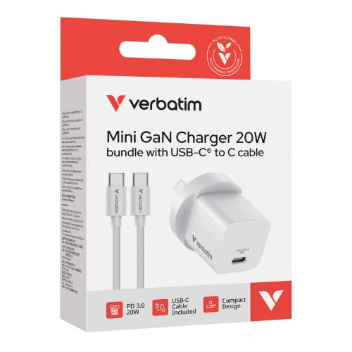 Verbatim Mini GaN Charger with USB-C Cable Universal White AC Fast charging Indoor