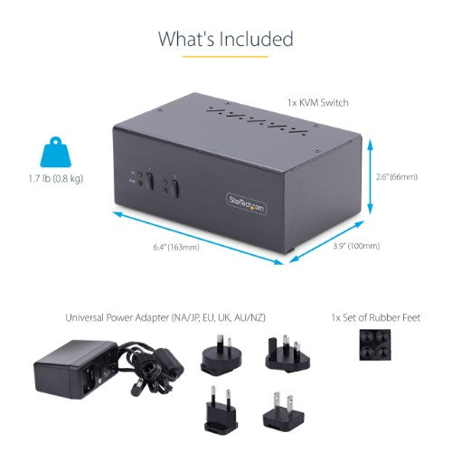 StarTech.com 2-Port Dual-Monitor DisplayPort KVM Switch, 4K 60Hz, 2x USB 5Gbps Hub Ports, 2x USB 2.0 HID Ports, Hotkey and Push-Button Switching, TAA Compliant - 3.5mm Audio, HDCP