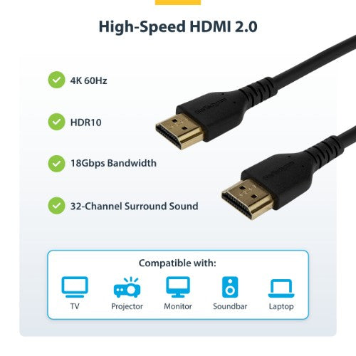 StarTech.com 6ft (2m) Slim HDMI Cable, Flexible Premium Certified HDMI 2.0 Cord with Ethernet, UHD 4K 60Hz HDR10, Durable Aramid Fiber Design with TPE Jacket