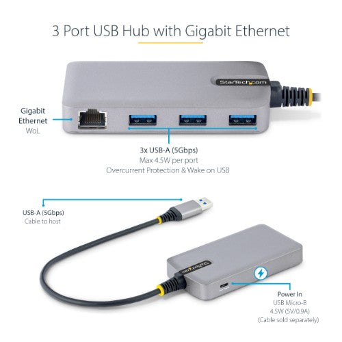StarTech.com 3-Port USB Hub with Ethernet - 3x USB-A Ports - Gigabit Ethernet (RJ-45) - USB 3.0 5Gbps - Bus-Powered - 1ft/30cm Long Cable - Portable Laptop USB Hub Adapter w/ GbE