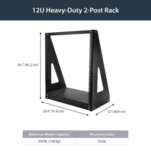 StarTech.com 12U 2-Post Open Frame Desktop Server Rack, 19in Compact Space-Saving Floor IT Rack with 350lb (160kg) Weight Capacity