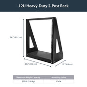 StarTech.com 12U 2-Post Open Frame Desktop Server Rack, 19in Compact Space-Saving Floor IT Rack with 350lb (160kg) Weight Capacity