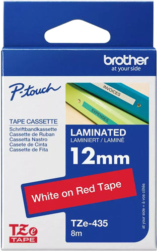Brother TZE-435 label-making tape White on red