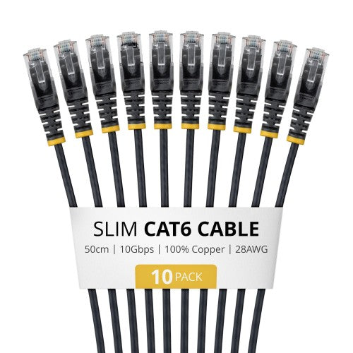 StarTech.com 50cm Black Slim CAT6 Cable, 10 Pack, Snagless, 100W PoE, UTP, LSZH, 28AWG Pure Bare Copper Wire, Slim RJ45 Network Patch Cord w/Strain Reliefs, Individually Tested