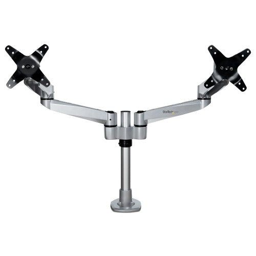 StarTech.com Desk Mount Dual Monitor Arm - Premium Articulating Monitor Arm - up to 27" (17.6lb/8kg) VESA Mount Displays - Height Adjustable Monitor Mount - Rotate/Tilt/Swivel - Clamp/Grommet - Silver - TAA