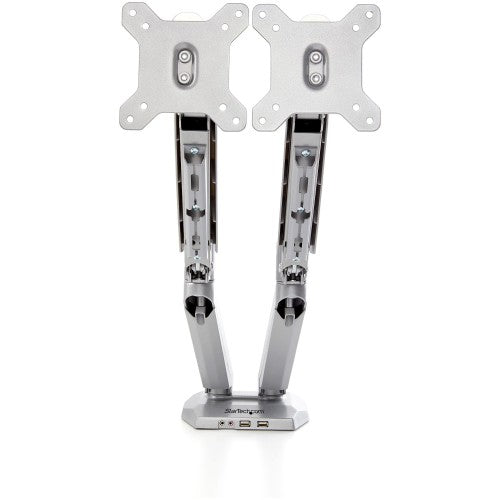 StarTech.com Desk Mount Dual Monitor Arm with USB & Audio, Desk Clamp VESA Mount for up to 32" (17.6lb/8kg) Displays, Ergonomic Full Motion Dual Monitor Arm - Silver