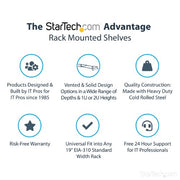 StarTech.com 1U Server Rack Shelf - Universal Rack Mount Cantilever Shelf for 19" Network Equipment Rack & Cabinet - Heavy Duty Steel – Weight Capacity 44lb/20kg - 16" Deep Tray, Black