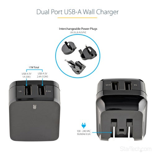 StarTech.com Dual-Port USB Wall Charger - International Travel - 17W/3.4A - Black