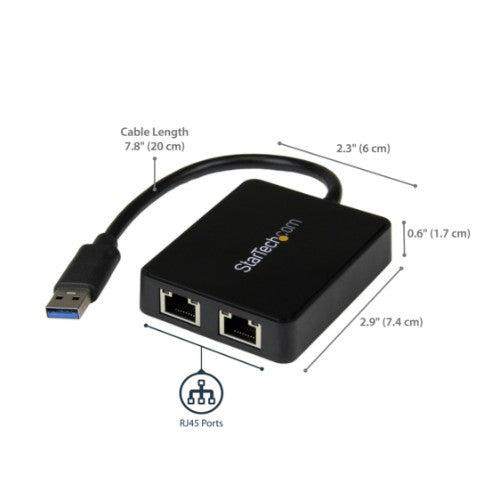 StarTech.com USB 3.0 to Dual Port Gigabit Ethernet Adapter w/ USB Port, 10/100/1000 Mbps, USB Gigabit LAN Network NIC Adapter