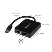 StarTech.com USB 3.0 to Dual Port Gigabit Ethernet Adapter w/ USB Port, 10/100/1000 Mbps, USB Gigabit LAN Network NIC Adapter