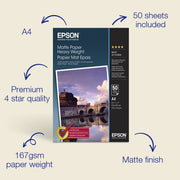 Epson A4 Matte Paper 167gsm, 50 sheets