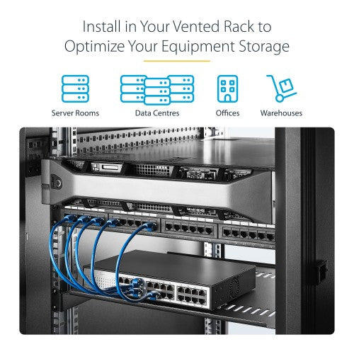StarTech.com 2-Pack 1U Server Rack Shelf, Vented Universal Rack Mount Cantilever Shelf, For 19" Rack/Cabinet, Heavy-Duty Steel, 44lb/20kg Capacity, 16" Deep Tray