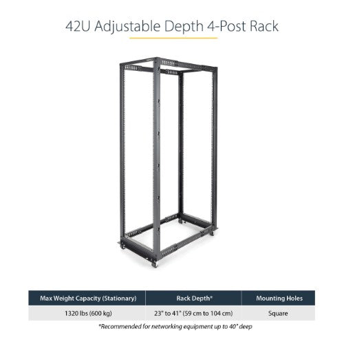 StarTech.com 42U 4-Post Server Rack, 19in Open Frame Rack with 40in (101cm) Mounting Depth and 1323lb (600kg) Weight Capacity, Mobile or Floor Mount IT Rack