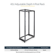 StarTech.com 42U 4-Post Server Rack, 19in Open Frame Rack with 40in (101cm) Mounting Depth and 1323lb (600kg) Weight Capacity, Mobile or Floor Mount IT Rack