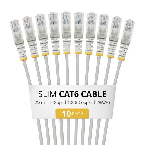 StarTech.com 25cm Gray Slim CAT6 Cable, 10 Pack, Snagless, 100W PoE, UTP, LSZH, 28AWG Pure Bare Copper Wire, Slim RJ45 Network Patch Cord w/Strain Reliefs, Individually Tested