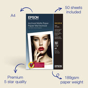 Epson A4 Archival Matte Photo Paper 189gsm, 50 sheets