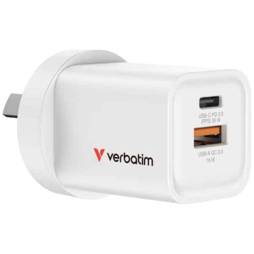 Verbatim 35W 2-Port GaN Wall Charger Universal White AC Fast charging Indoor
