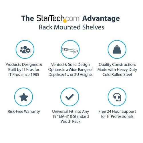 StarTech.com 2U Server Rack Shelf - Universal Vented Rack Mount Cantilever Tray for 19" Network Equipment Rack & Cabinet - Heavy Duty Steel - Weight Capacity 50lb/23kg - 16" Deep Shelf, Black - TAA