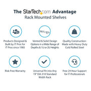 StarTech.com 2U Server Rack Shelf - Universal Vented Rack Mount Cantilever Tray for 19" Network Equipment Rack & Cabinet - Heavy Duty Steel - Weight Capacity 50lb/23kg - 16" Deep Shelf, Black - TAA