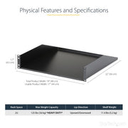 StarTech.com 2U Server Rack Shelf - Universal Rack Mount Cantilever Shelf for 19" Network Equipment Rack & Cabinet - Heavy Duty Steel – Weight Capacity 125lb/56kg - 18" Deep Tray, Black