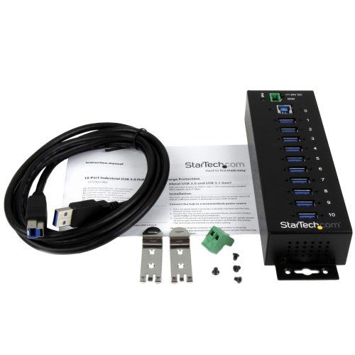 StarTech.com 10-Port USB 3.0 Hub - 5Gbps - Metal Industrial USB-A Hub with ESD & Surge Protection - Din Rail, Wall or Desk Mountable - TAA Compliant USB Expander Hub