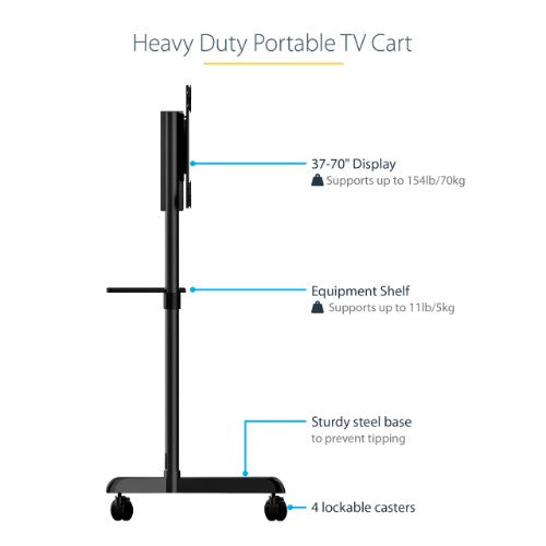 StarTech.com Mobile TV Cart - Portable Rolling TV Stand for 37-70" VESA Display (154lb/70kg) - TV Stand w/Shelf & Storage Compartment - Rotate/Tilt Display - Universal TV Mount on Wheels