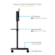 StarTech.com Mobile TV Cart - Portable Rolling TV Stand for 37-70" VESA Display (154lb/70kg) - TV Stand w/Shelf & Storage Compartment - Rotate/Tilt Display - Universal TV Mount on Wheels