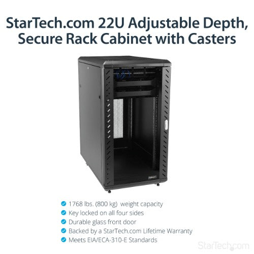 StarTech.com 22U Enterprise-Grade Server Rack Cabinet, 19in Enclosed 4-Post Rack with 33in (83cm) Mounting Depth and 1764lb (800kg) Weight Capacity