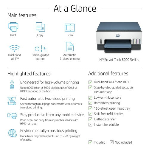 HP Smart Tank 6005 Wireless All-in-One Color Printer, Copier, Scanner