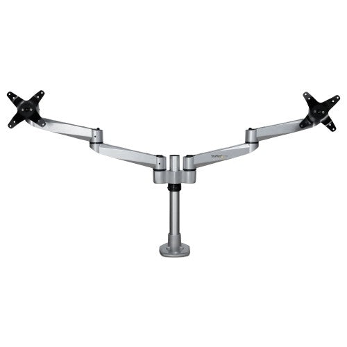 StarTech.com Desk Mount Dual Monitor Arm - Premium Articulating Monitor Arm - up to 27" (17.6lb/8kg) VESA Mount Displays - Height Adjustable Monitor Mount - Rotate/Tilt/Swivel - Clamp/Grommet - Silver - TAA