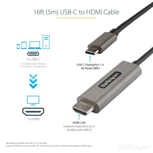 StarTech.com 16.4ft (5m) USB C to HDMI Cable 4K 60Hz w/ HDR10 - Ultra HD USB Type-C to 4K HDMI 2.0b Video Adapter Cable - USB-C to HDMI HDR Monitor/Display Converter - DP 1.4 Alt Mode HBR3
