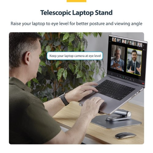 StarTech.com Telescopic Laptop Stand, 360 Swivel Base, Rotating Computer Riser for Desk, Adjustable Height and Tilt, Max 11lb/5kg, Aluminum Build, Portable Design