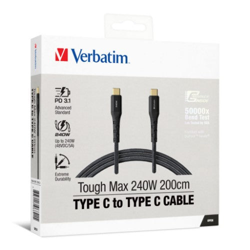Verbatim Tough Max 240W Type C to Type C Cable USB cable 2 m USB C 0.48 Gbit/s Black