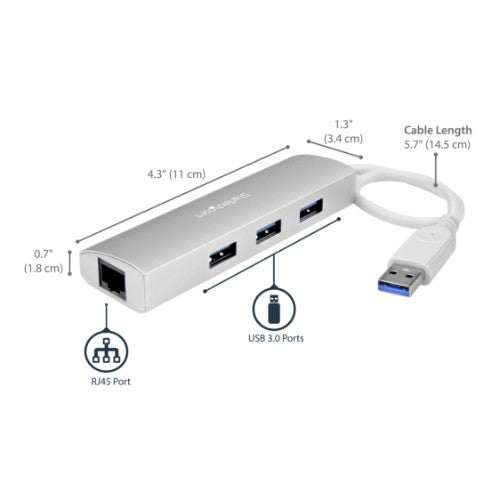 StarTech.com 3-Port USB Hub with Ethernet, USB-A Ports, Gigabit Ethernet/GbE, USB 5Gbps, Rugged Design, Bus-Powered, Portable Laptop USB 3.0 Hub