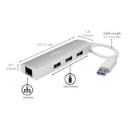 StarTech.com 3-Port USB Hub with Ethernet, USB-A Ports, Gigabit Ethernet/GbE, USB 5Gbps, Rugged Design, Bus-Powered, Portable Laptop USB 3.0 Hub