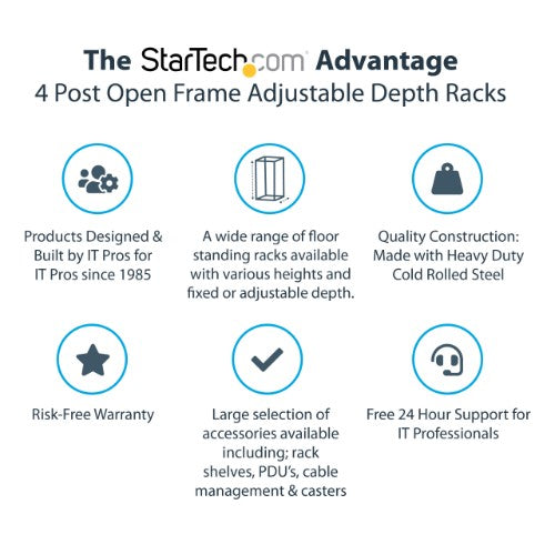 StarTech.com 18U 4-Post Server Rack, 19in Open Frame Rack with 40in (101cm) Mounting Depth and 1200lb (544kg) Weight Capacity, Mobile or Floor Mount IT Rack