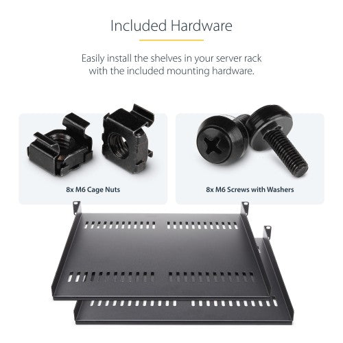 StarTech.com 2-Pack 1U Server Rack Shelf, Vented Universal Rack Mount Cantilever Shelf, For 19" Rack/Cabinet, Heavy-Duty Steel, 44lb/20kg Capacity, 16" Deep Tray