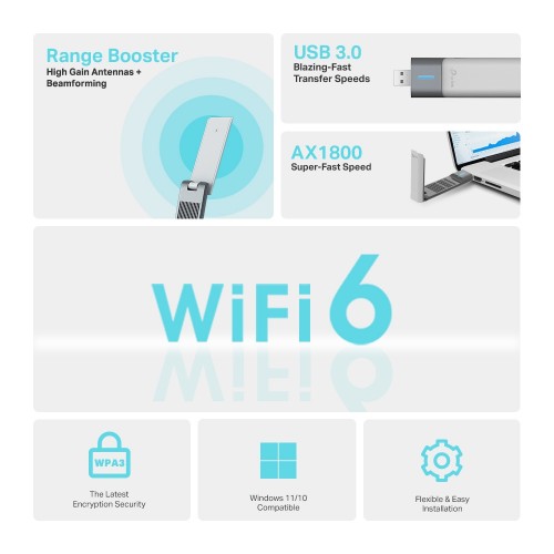 TP-Link Archer AX1800 High Gain Dual Band Wi-Fi 6 USB Adapter