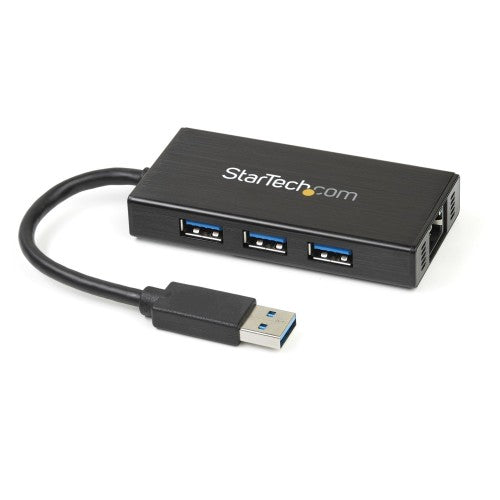 StarTech.com 3-Port Portable USB 3.0 Hub plus Gigabit Ethernet - 5Gbps - Aluminum with Built-in Cable - TAA
