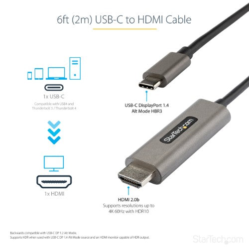 StarTech.com 6.6ft (2m) USB C to HDMI Cable 4K 60Hz w/ HDR10 - Ultra HD USB Type-C to 4K HDMI 2.0b Video Adapter Cable - USB-C to HDMI HDR Monitor/Display Converter - DP 1.4 Alt Mode HBR3