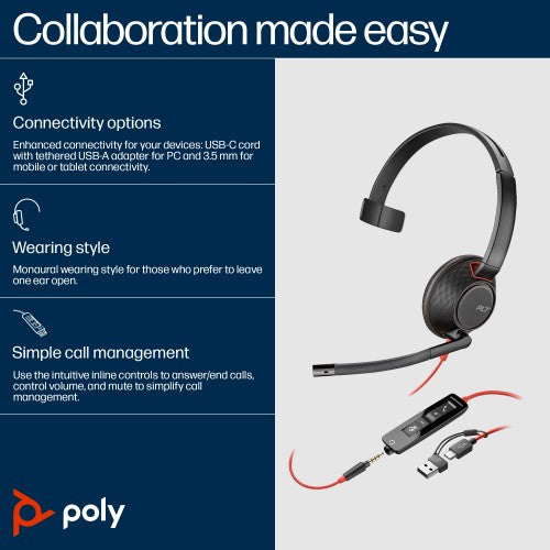HP Poly Blackwire 5210 Monaural USB-C Headset +3.5mm Plug +USB-C/A Adapter (Bulk)