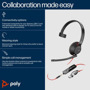 HP Poly Blackwire 5210 Monaural USB-C Headset +3.5mm Plug +USB-C/A Adapter (Bulk)