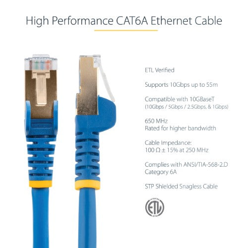 StarTech.com 3m CAT6a Ethernet Cable - 10 Gigabit Shielded Snagless RJ45 100W PoE Patch Cord - 10GbE STP Network Cable w/Strain Relief - Blue Individually Tested/Wiring is UL Certified/TIA
