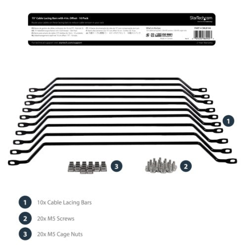 StarTech.com 10-Pack Horizontal Lacing Bar with 4in (10.2cm) Offset at 75 Degrees, Server Rack Cable Management, 19" Network Rack-Mount Cord Organizer