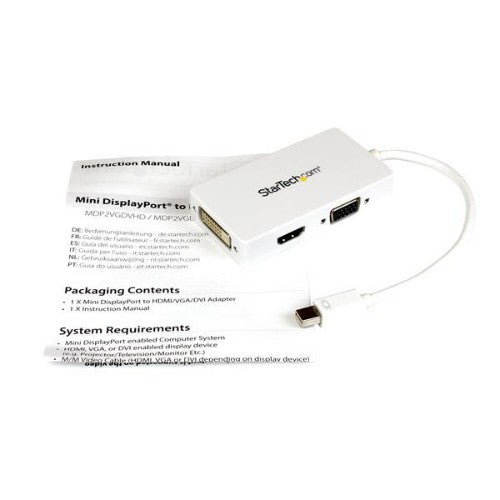 StarTech.com Travel A/V Adapter: 3-in-1 Mini DisplayPort to VGA DVI or HDMI Converter - White
