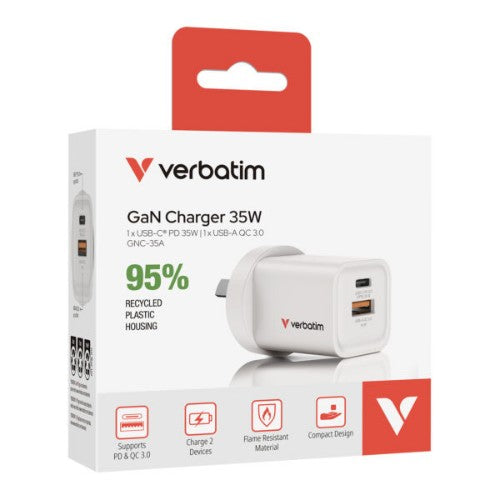 Verbatim 35W 2-Port GaN Wall Charger Universal White AC Fast charging Indoor
